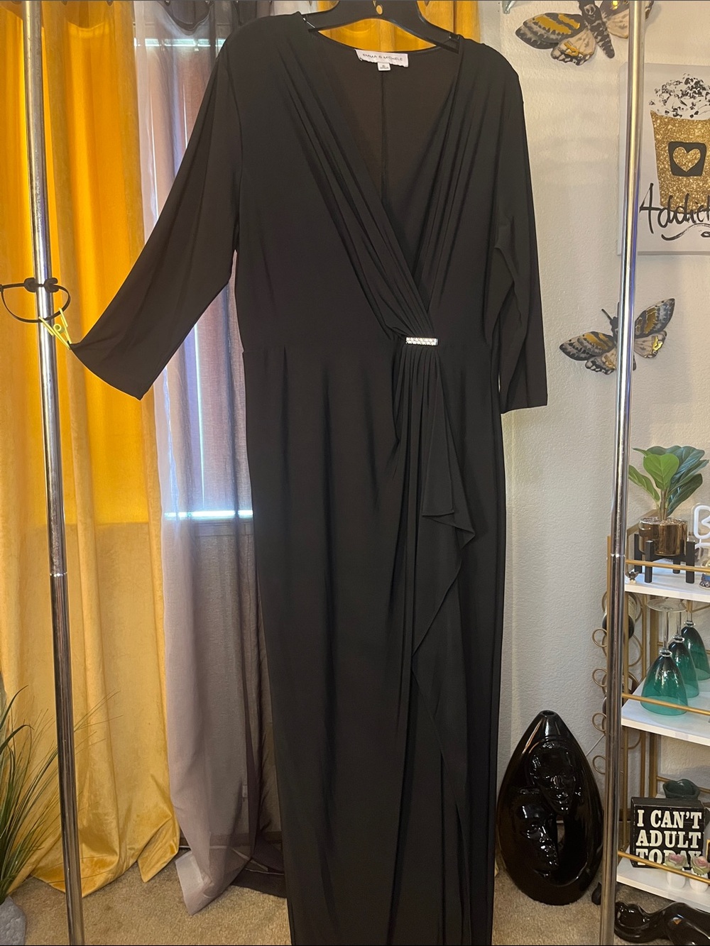 Black V-Neck Maxi Dress with Ruched waterfall wrap